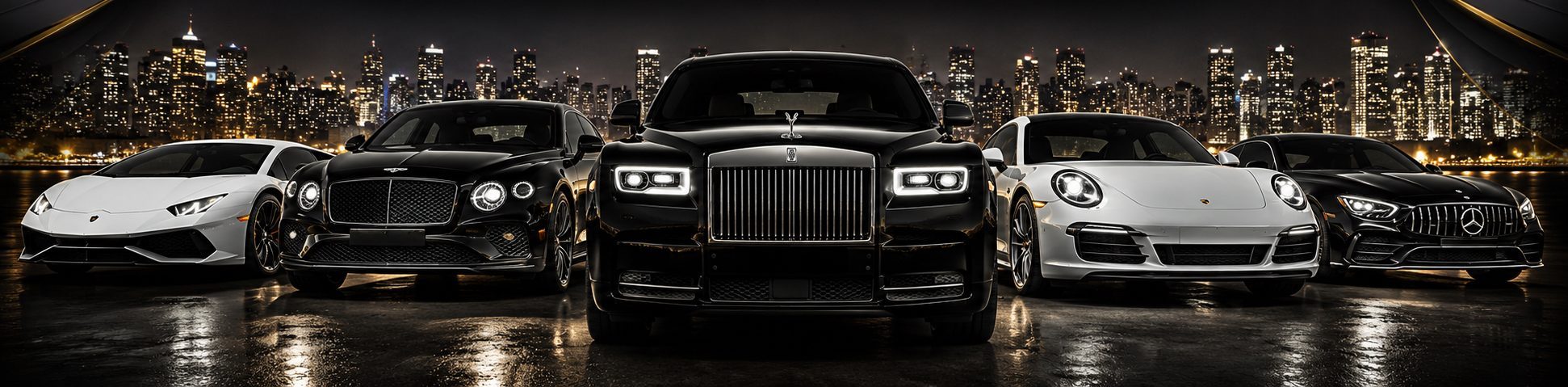 Rolls-Royce, Bentley, Lamborghini, Porsche and Mercedes-AMG lined up in front of a city skyline at night